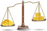 Set of Scales Balancing Gold Coins and Bars